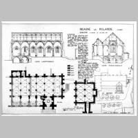 Plan au sol, plan de la crypte, plan des abords, coupe longitudinale, coupe transversale, Cury, J.; Coussy, E..jpg